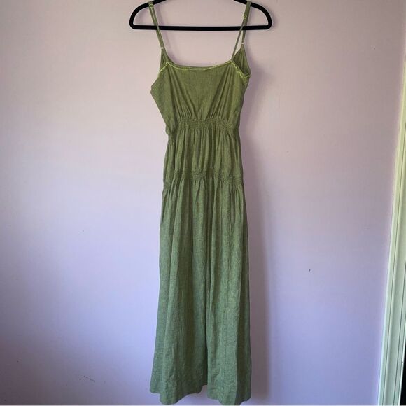 Urban Outfitters M Green Midi Dress Linen Tiered Boho Prairie Peasant Coastal - Picture 6 of 8